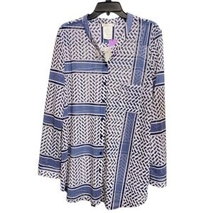 Zoe Michael Phillips XL black Blue White long sleeve tunic longline top blouse